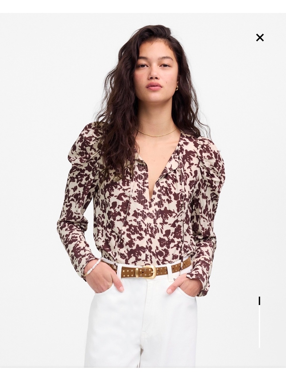 Madewell Floral Tie-Neck Blouse — Brown/Cream, Size M